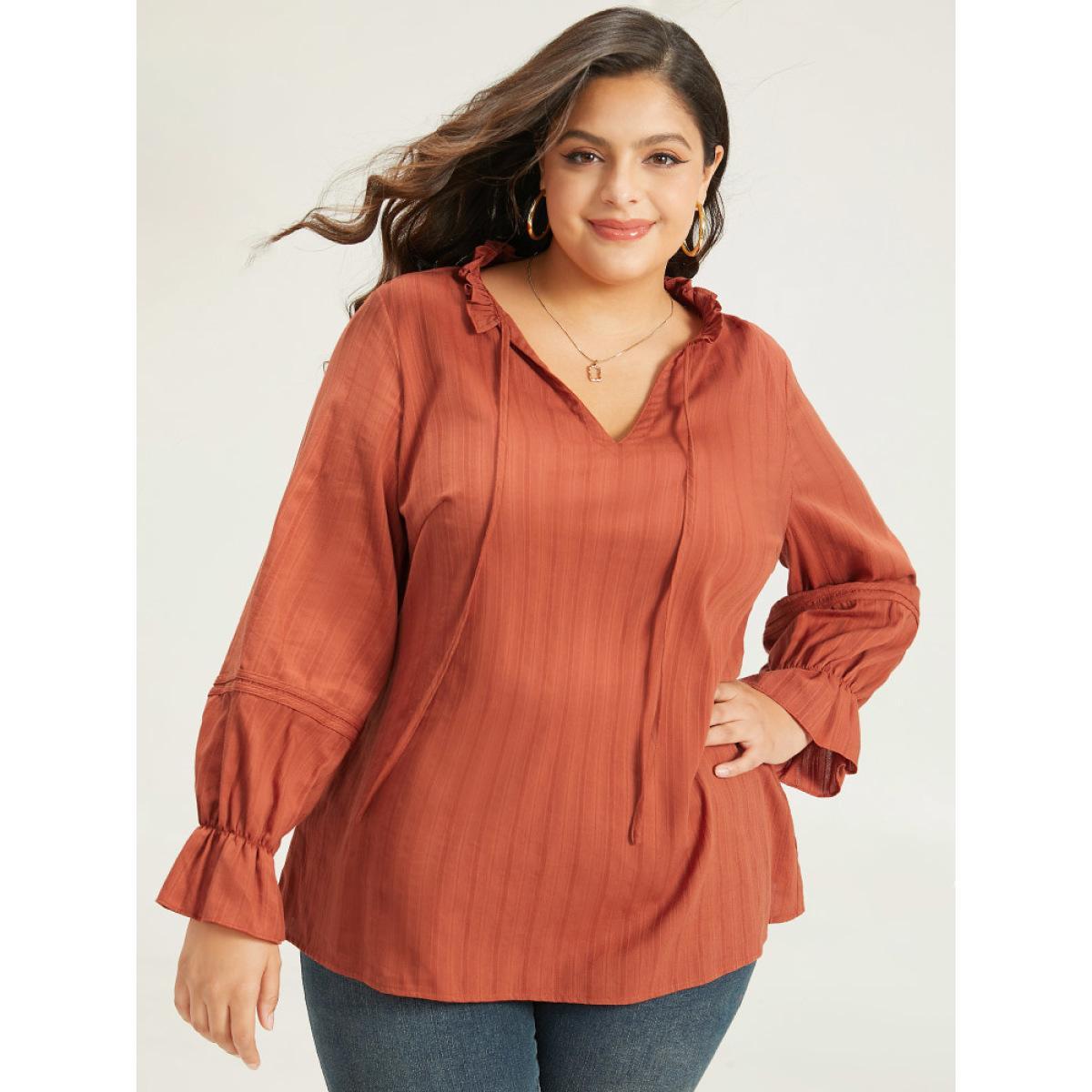 Plus Size OrangeRed Plain Tie Neck Textured Ruffle Trim Blouse Women Elegant Long Sleeve Tie Neck Dailywear Blouses BloomChic 18-20/2X Product Image