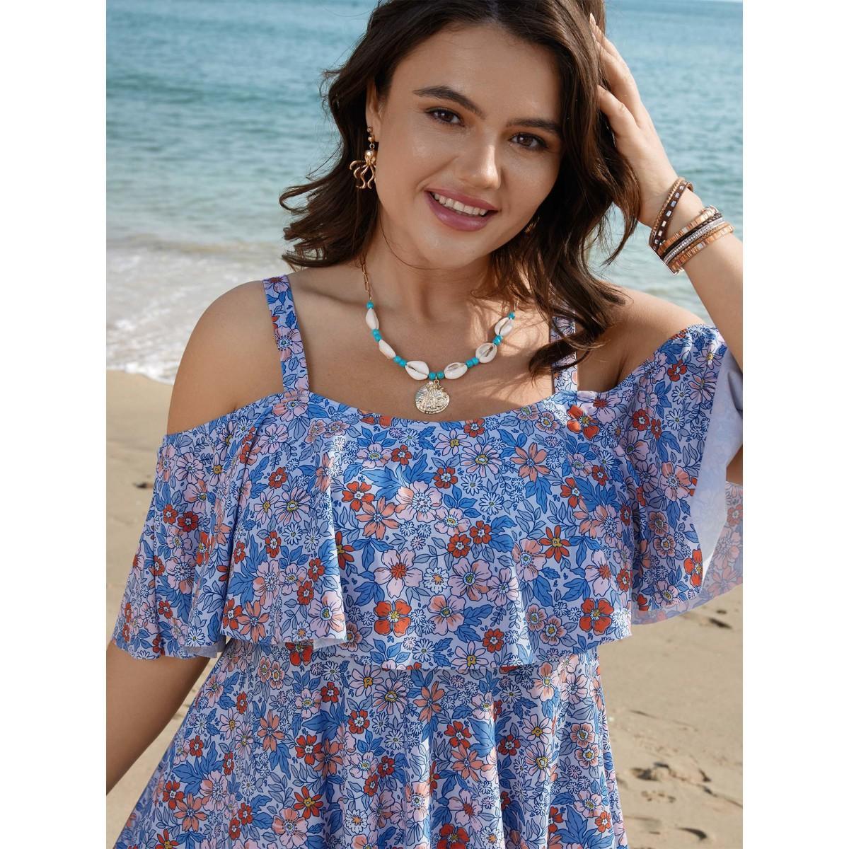 Plus Size Floral Cold-Shoulder Ruffled Swim Dress Women's Swimwear LightBlue Beach Bodycon One-shoulder neck High stretch Curve Swim Dresses BloomChic 18-20/2X Product Image