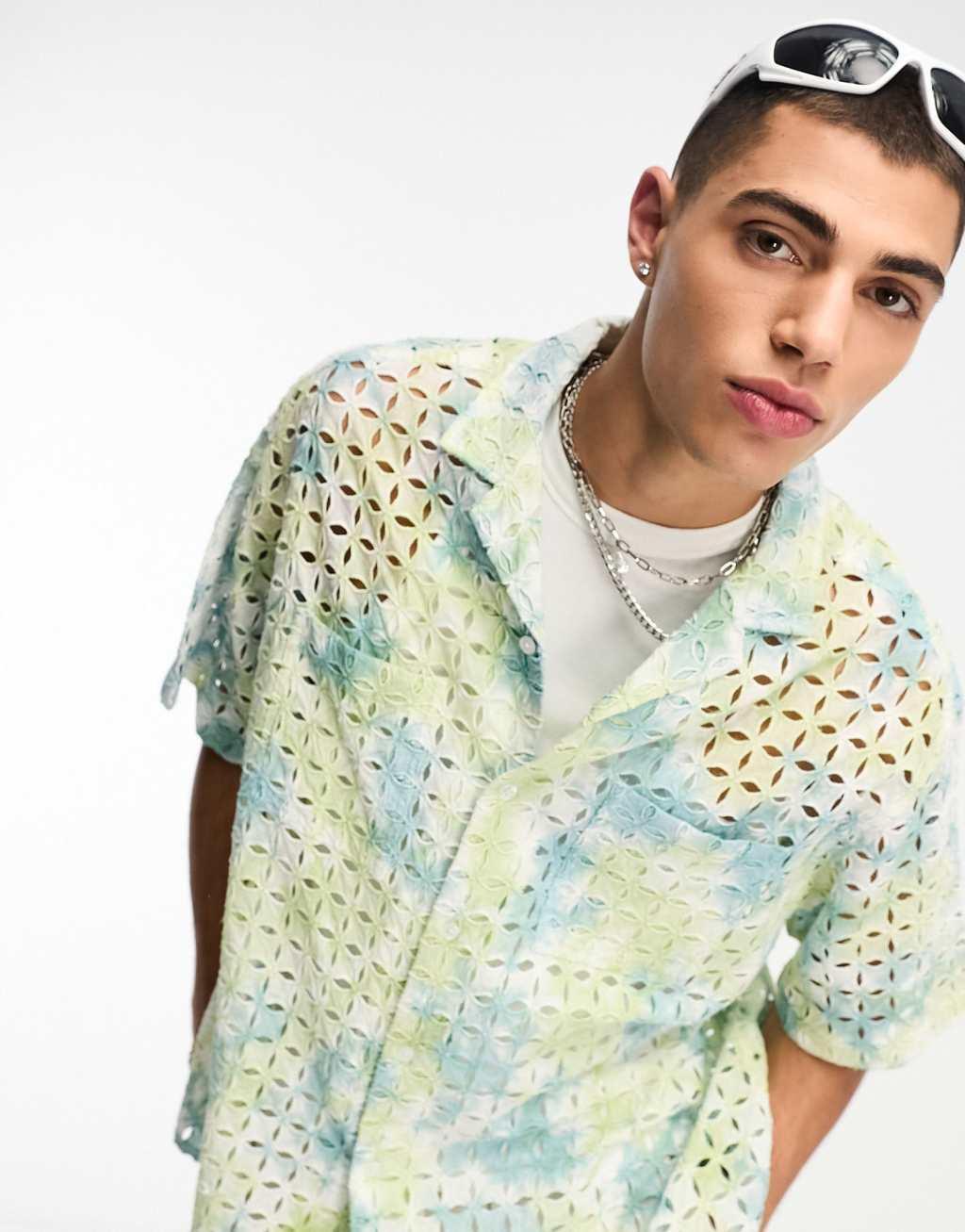 ASOS DESIGN boxy oversized camp collar shirt in green and blue tie dye broderie Product Image
