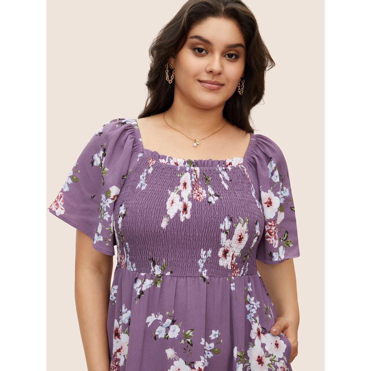 Plus Size Floral Square Neck Ruffles Pocket Shirred Split Dress Mauve Women Elegant Non Square Neck Short sleeve Curvy BloomChic 28/5X Product Image