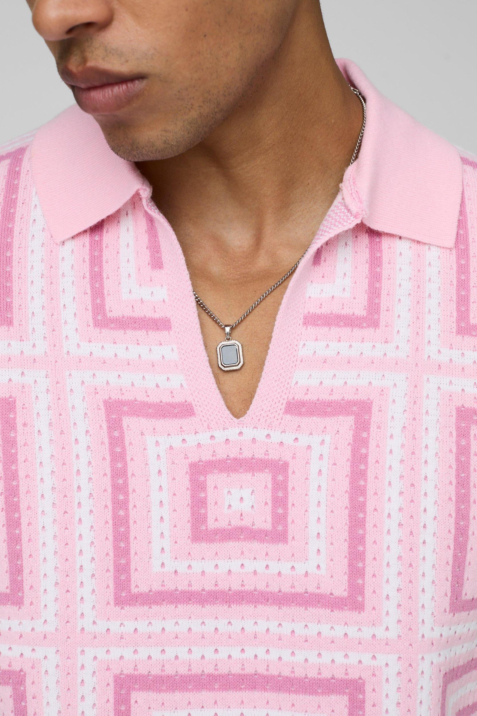 Boxy Fit V Neck Crochet Knitted Polo | boohooMAN USA Product Image