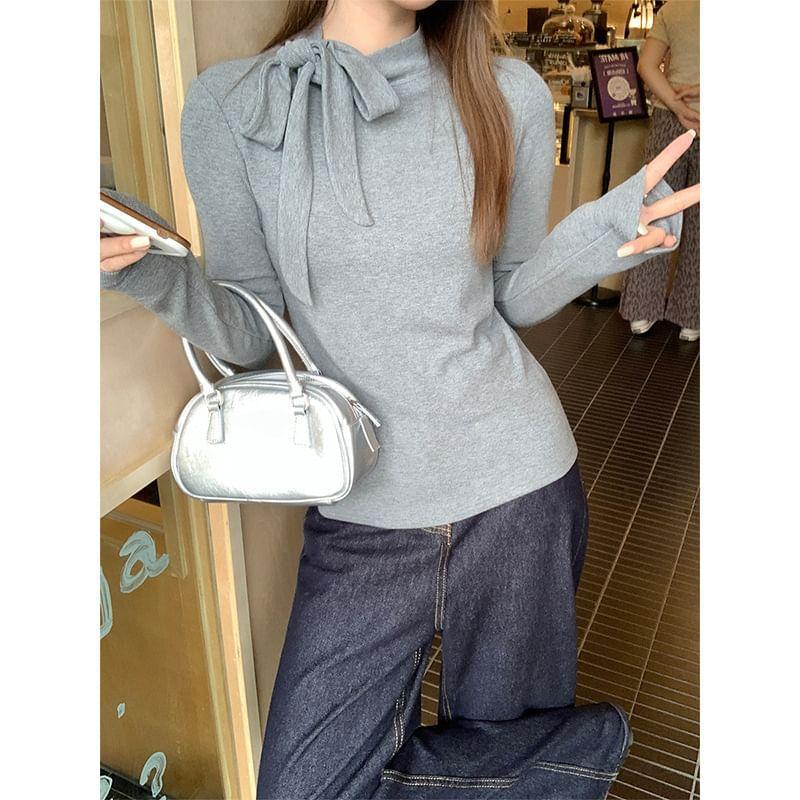 Long-Sleeve Mock Neck Plain Bow Tee Product Image