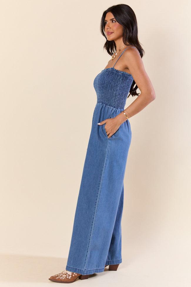 Showstopper Denim Smocked Jumpsuit SALE Product Image