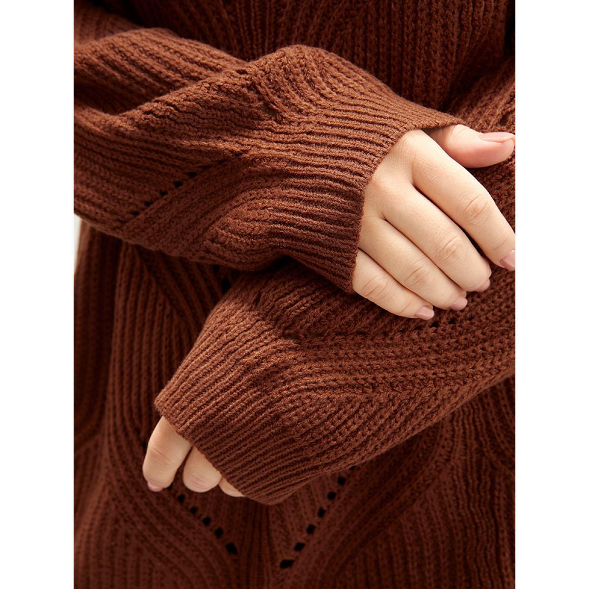Plus Size Solid Pointelle Knit Cut Out Round Neck Knit Top Maroon Women Casual Loose Long Sleeve Dailywear Pullovers BloomChic 10/M Product Image