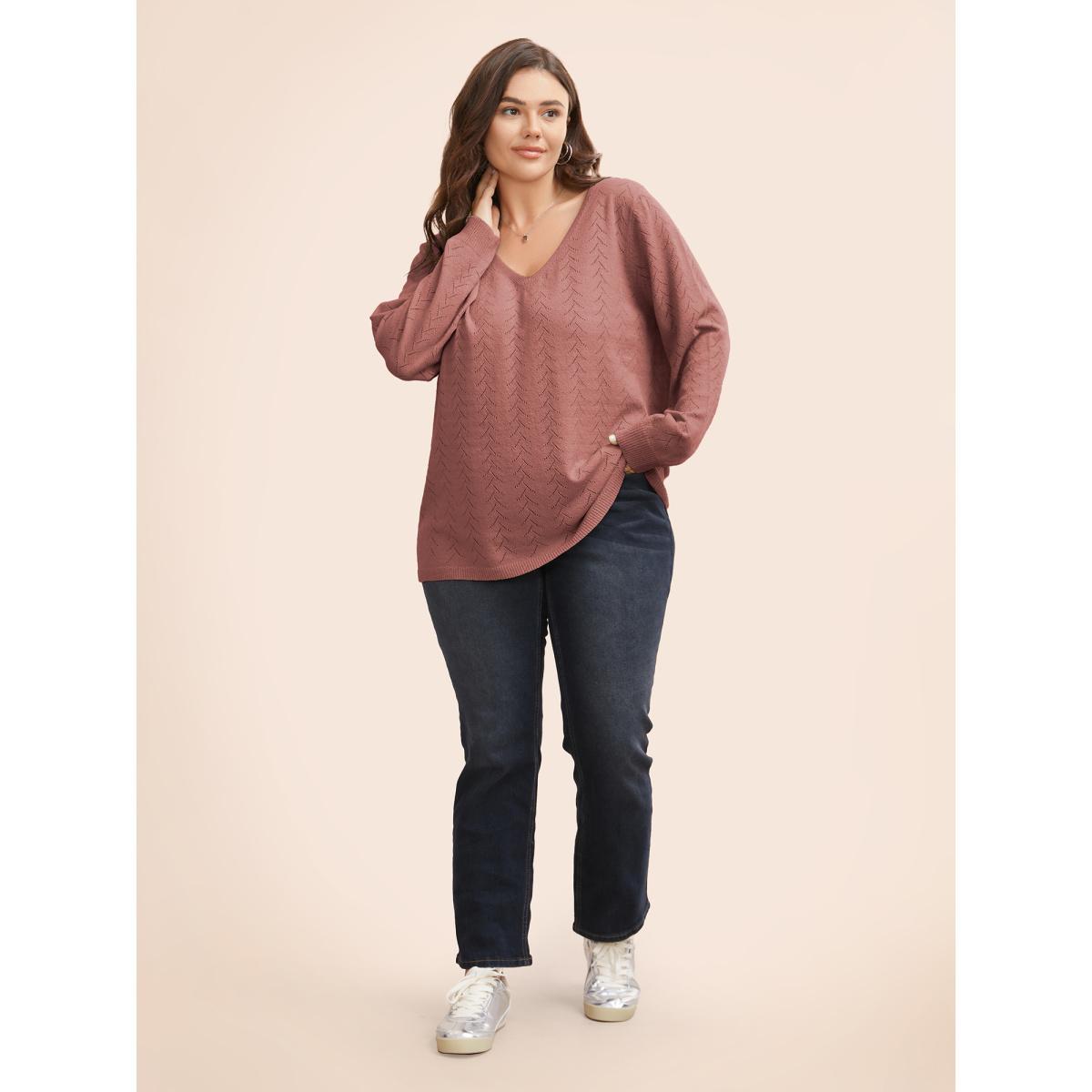 Plus Size Texture V Neck Lightweight Pullover Dirtypink Women Casual Long Sleeve V-neck Everyday Pullovers BloomChic 22-24/3X Product Image