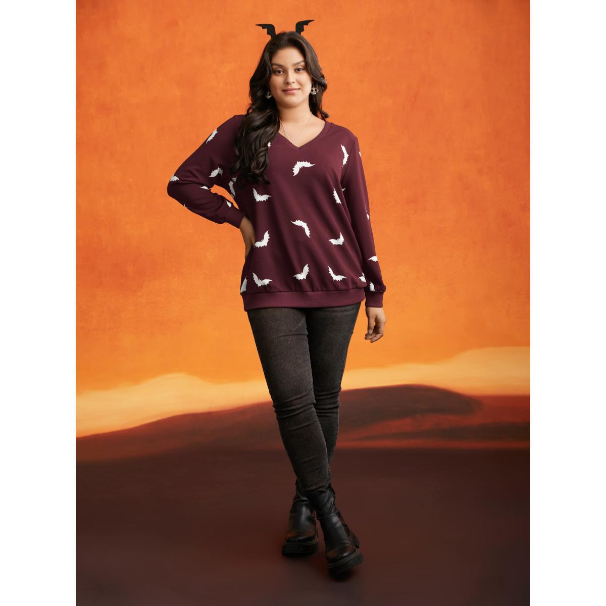 Plus Size Bat Print V-Neck Sweatshirt Women Scarlet Casual Patchwork Loose V-neck Everyday Sweatshirts BloomChic 10/M Product Image