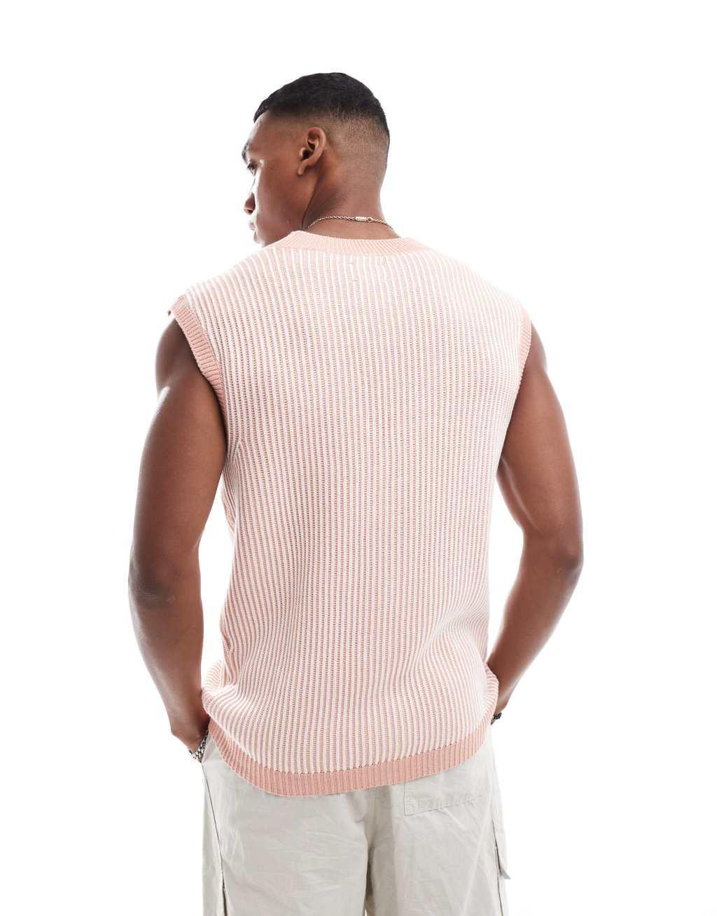 ASOS DESIGN oversized button up sleeveless cardigan in light pink pleated rib knit Product Image