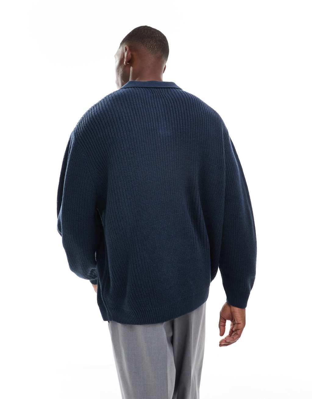 ASOS DESIGN oversized fisherman rib knit notch neck sweater in navy Product Image