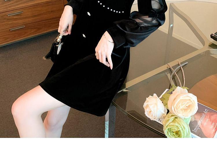 Long-Sleeve Beaded Velvet Mini A-Line Dress Product Image