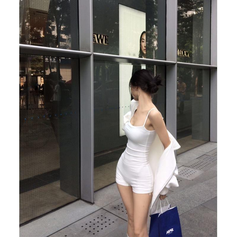 Spaghetti Strap Plain Romper / Zip Hoodie Product Image