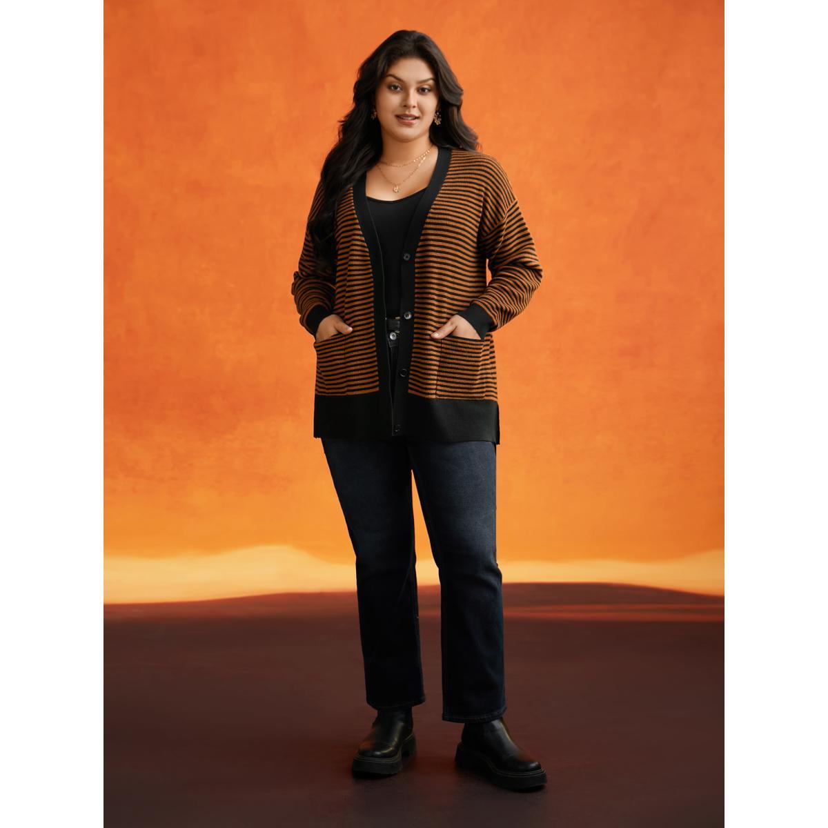 Plus Size Halloween Striped Ribbed Cardigan OrangeRed Women Casual Loose Long Sleeve Everyday Cardigans BloomChic 12/L Product Image