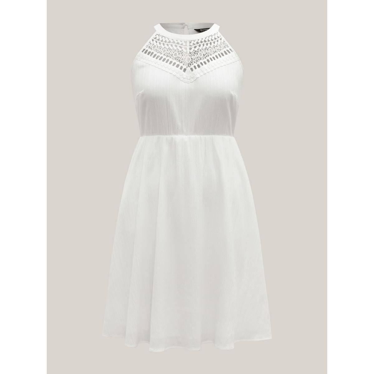 Plus Size Neck Cut-Out Pockets A-Line Midi Dress WhiteSmoke Women Resort Woven ribbon&lace trim Round Neck Sleeveless Curvy BloomChic 12/L Product Image