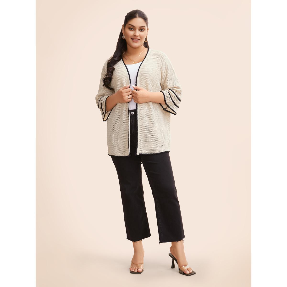 Plus Size Solid Contrast Trim Bell Sleeve Cardigan Apricot Women Beach Loose Elbow-length sleeve Vacation Cardigans BloomChic 22-24/3X Product Image