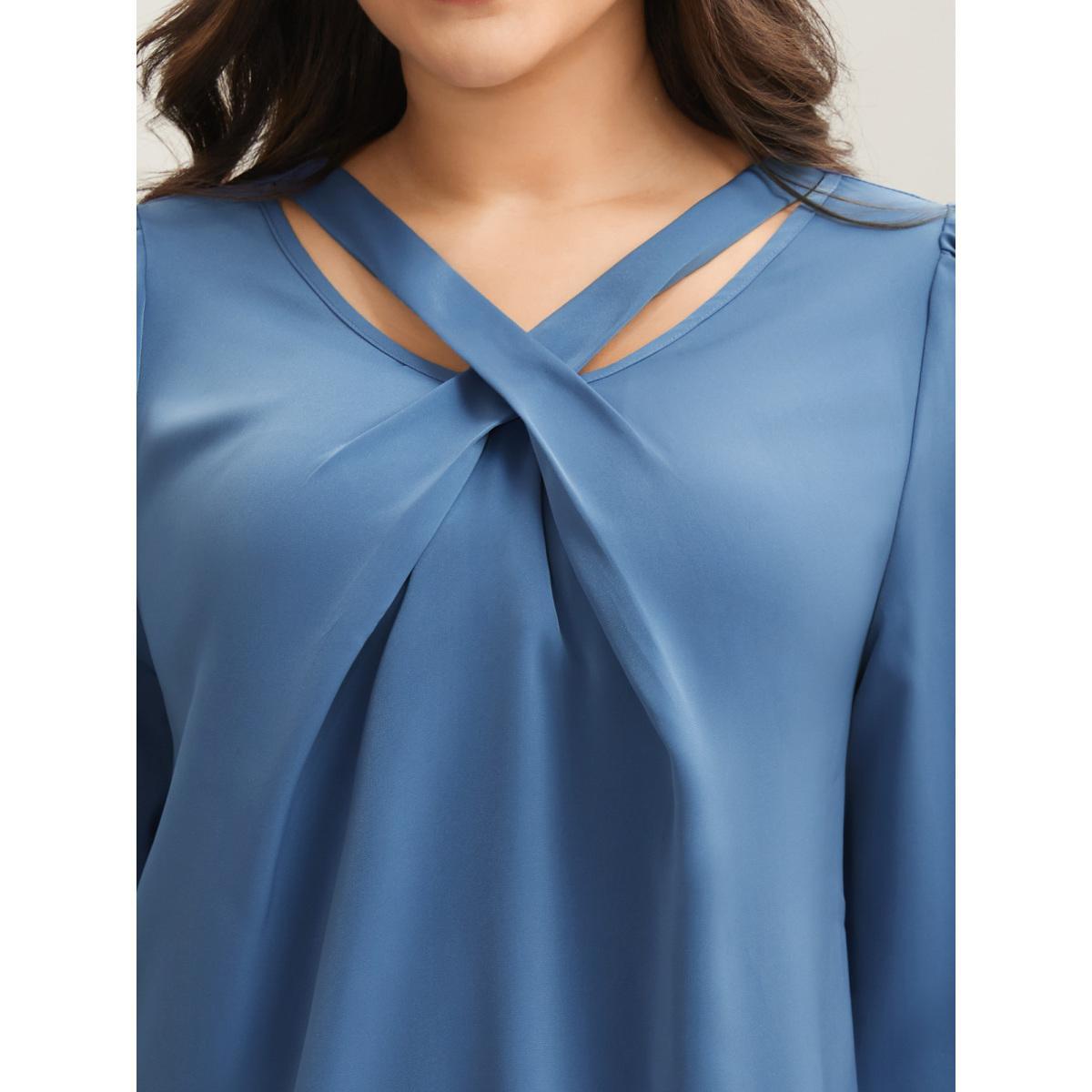 Plus Size Stone Criss Cross Neckline Puff Sleeve Gathered Blouse Women Elegant Long Sleeve Asymmetrical Neck Everyday Blouses BloomChic 10/M Product Image