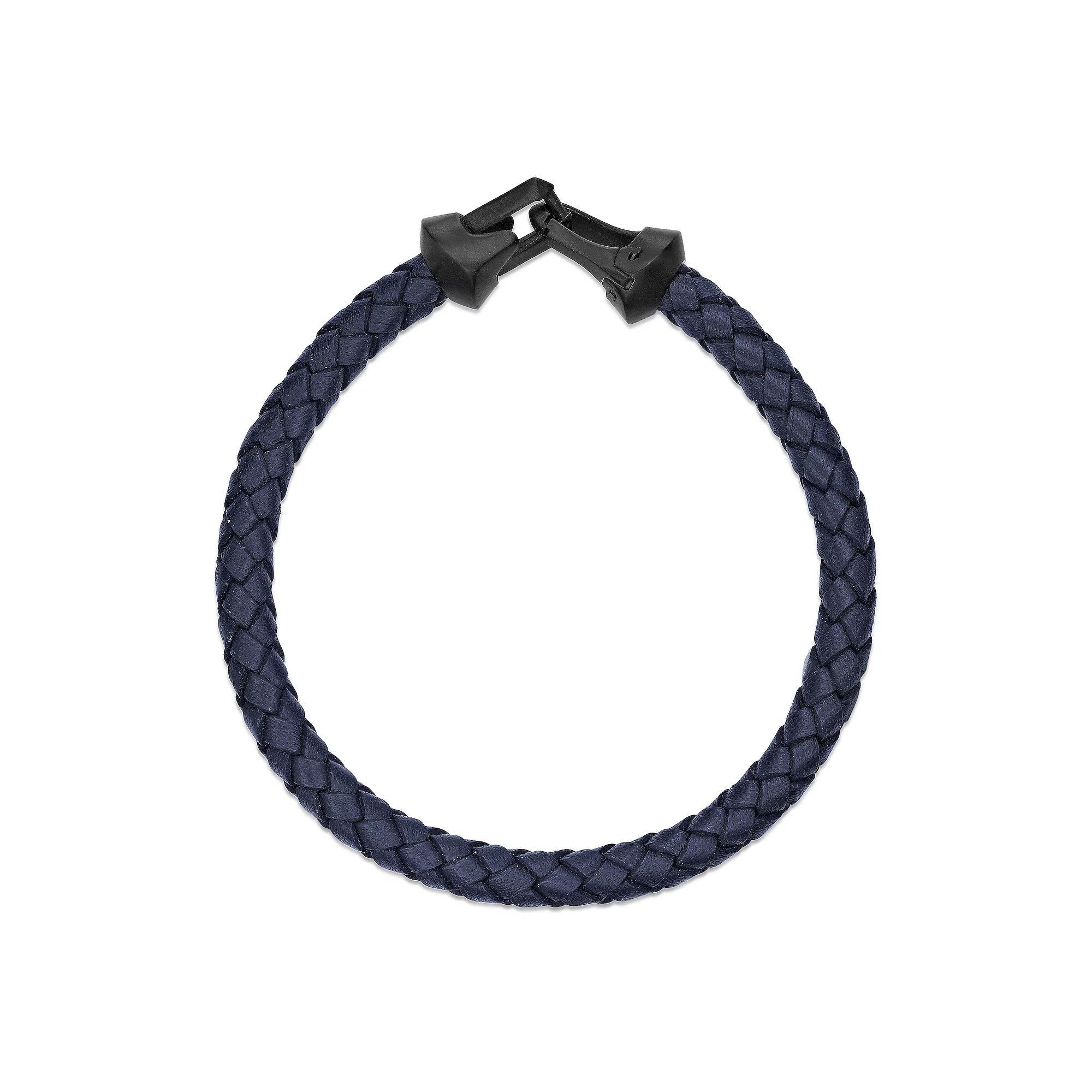Men's LYNX Stainless Steel Blue Leather Bracelet, Size: 8.5" Product Image