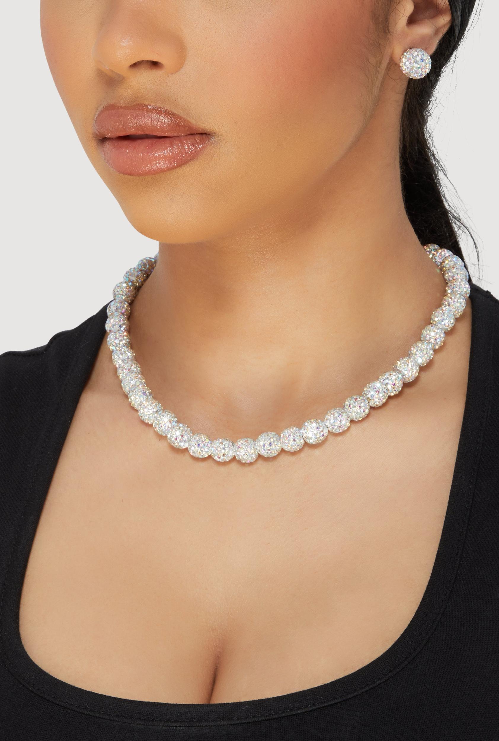Cubic Zirconia Beaded Necklace and Stud Earrings Female Product Image