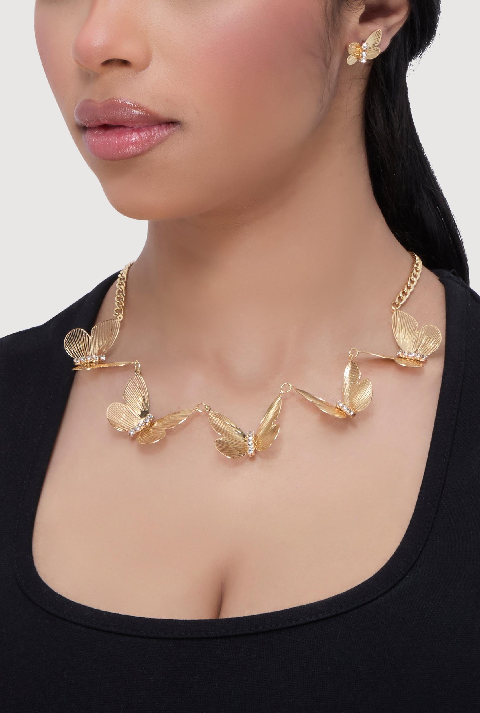 Butterfly Cubic Zirconia Layered Necklace and Earrings Set Female Product Image