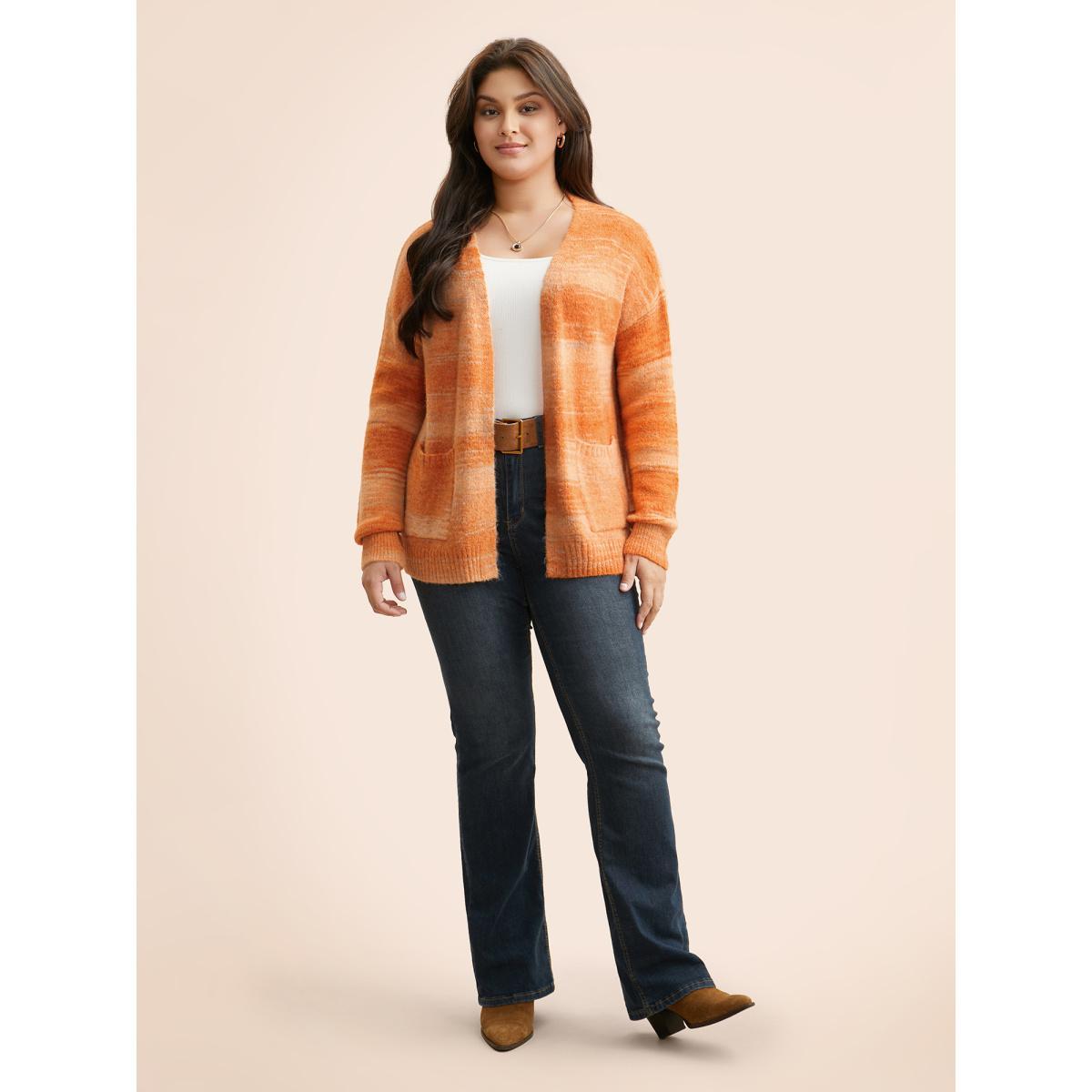 Plus Size Ombre Patch Pocket Drop Shoulder Cardigan Brightorange Women Casual Loose Long Sleeve Everyday Cardigans BloomChic 26/4X Product Image