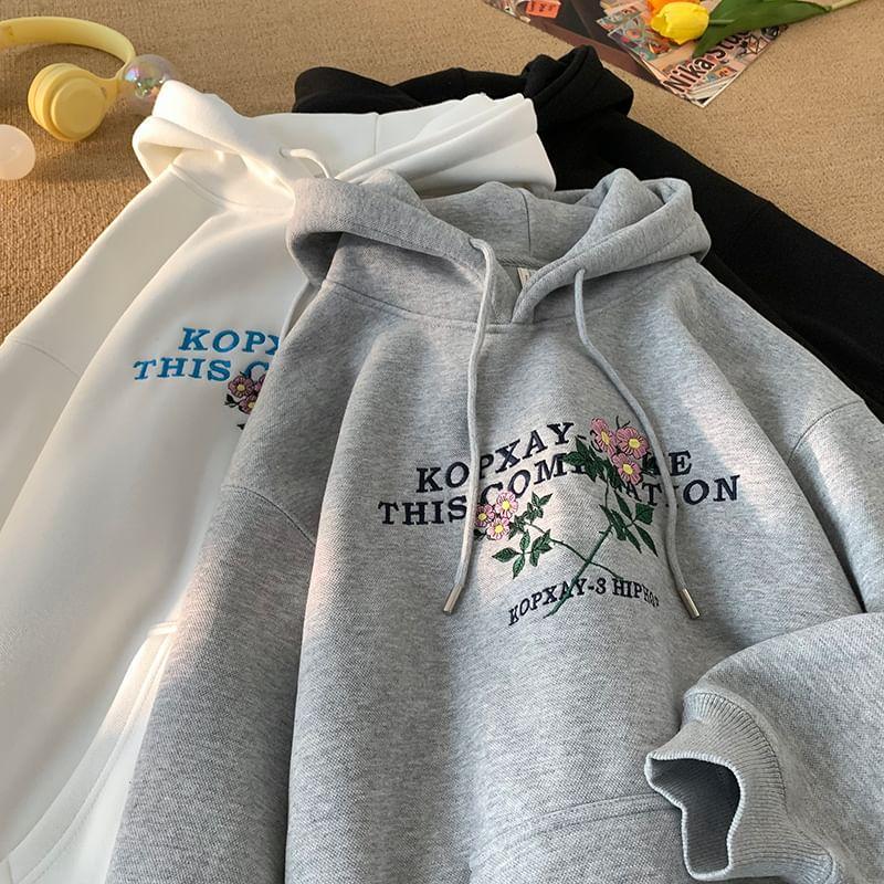 Lettering Embroidered Drawstring Fleece-Lined Hoodie Product Image