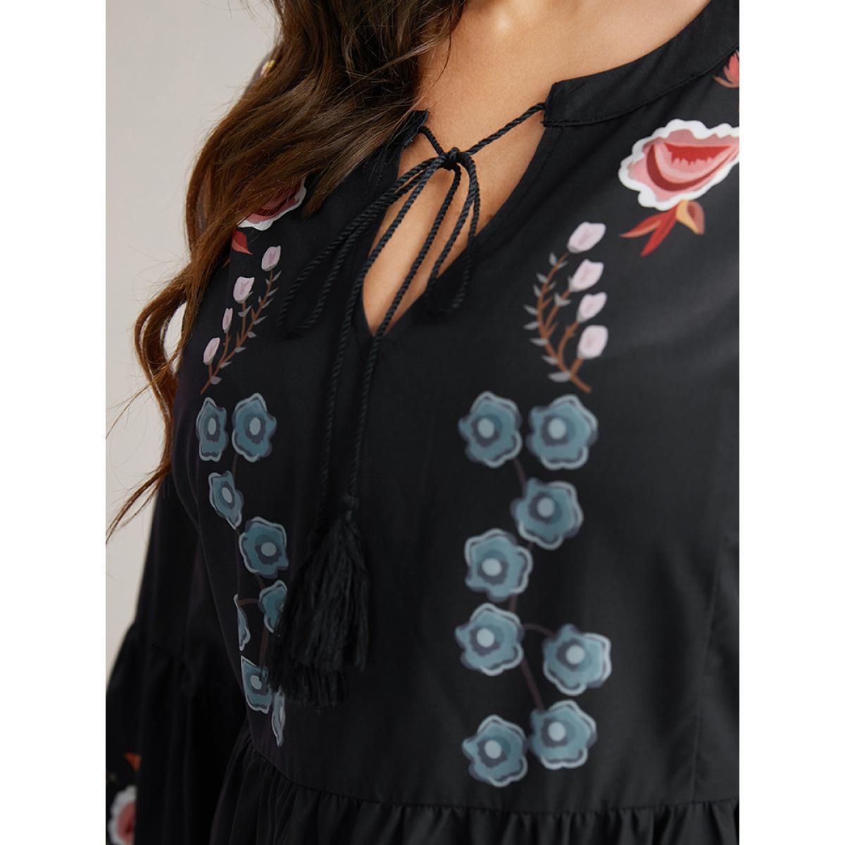 Plus Size Black Floral Print Tassels Knot Neck Lantern Sleeve Blouse Women Resort Long Sleeve Tie Neck Vacation Blouses BloomChic 30/6X Product Image