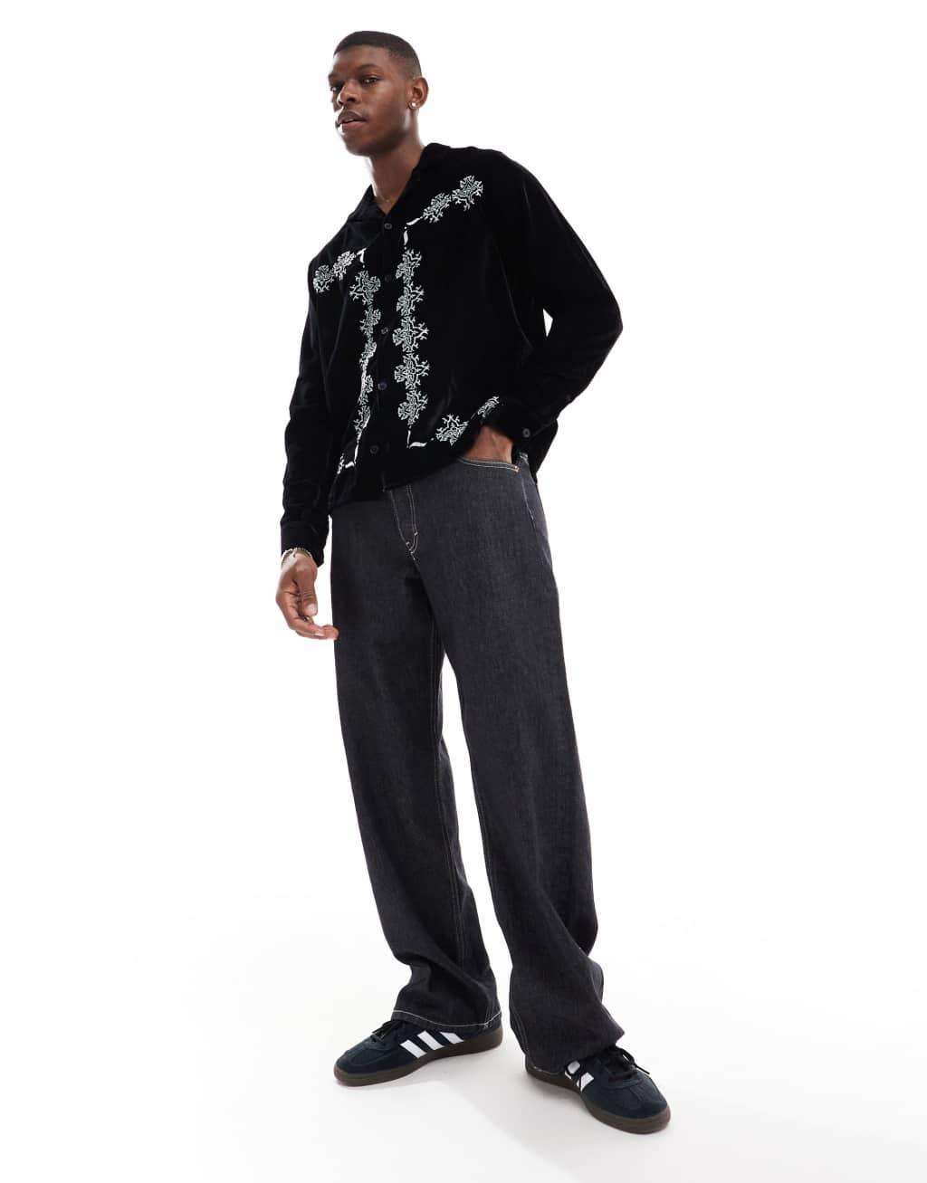 ASOS DESIGN boxy velvet shirt with embroidery border in black Product Image