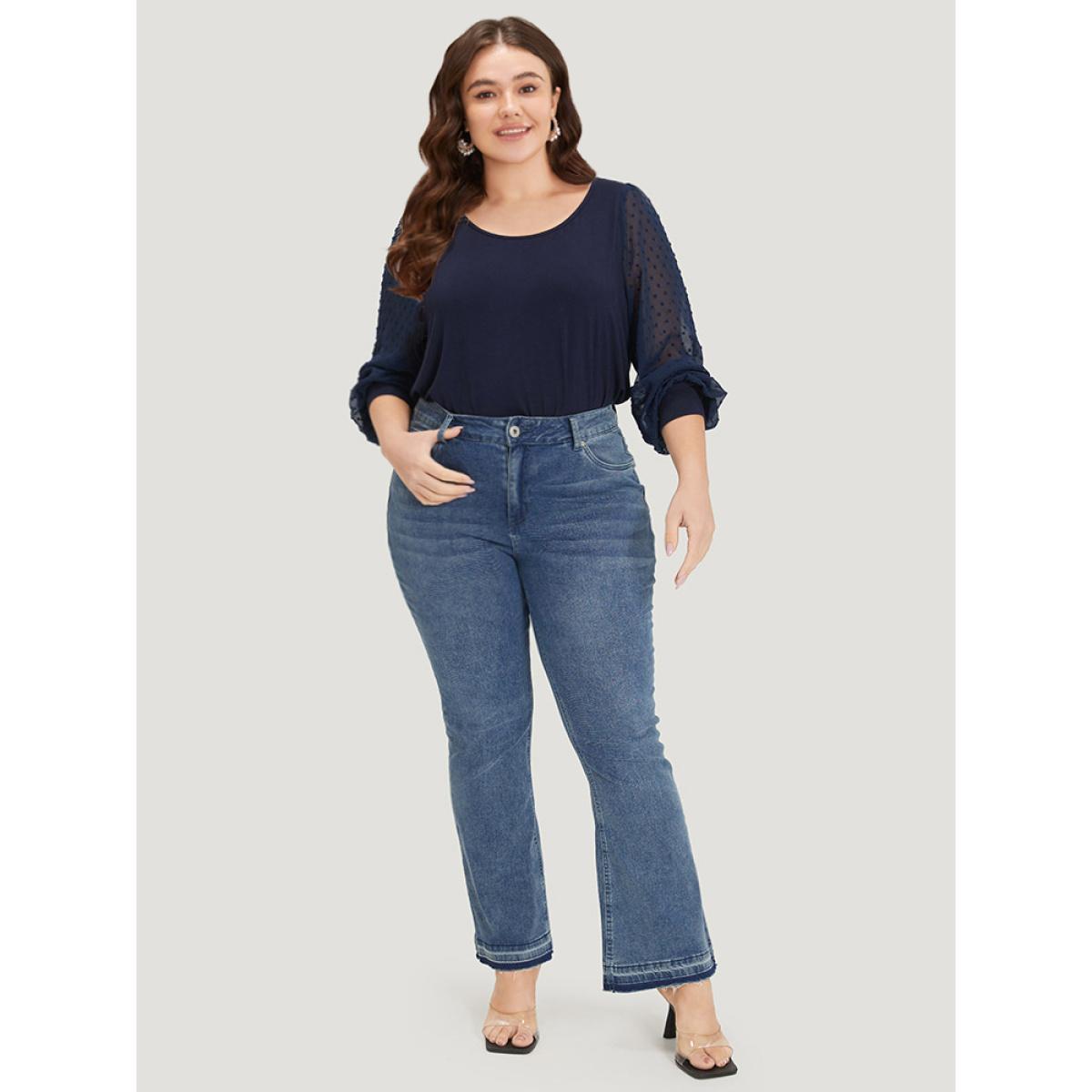Plus Size Plain Mesh Patchwork Lantern Sleeve Crew Neck Bodysuit Women Blue Plain Elastic cuffs Bodysuits BloomChic 30/6X Product Image
