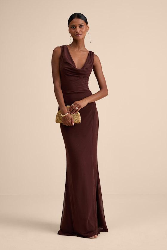 Stunning Mystery Brown Mesh Cowl Back Mermaid Maxi Dress Product Image