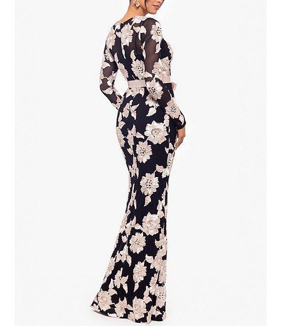 Betsy & Adam Floral Embroidered Mesh Crew Neck Long Sleeve Tie Waist Gown Product Image