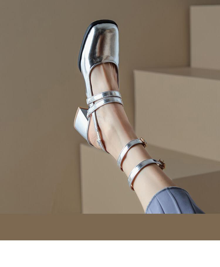 Square Toe Slingback Ankle Strap Patent Leather Block Heel Mary Jane Pumps Product Image