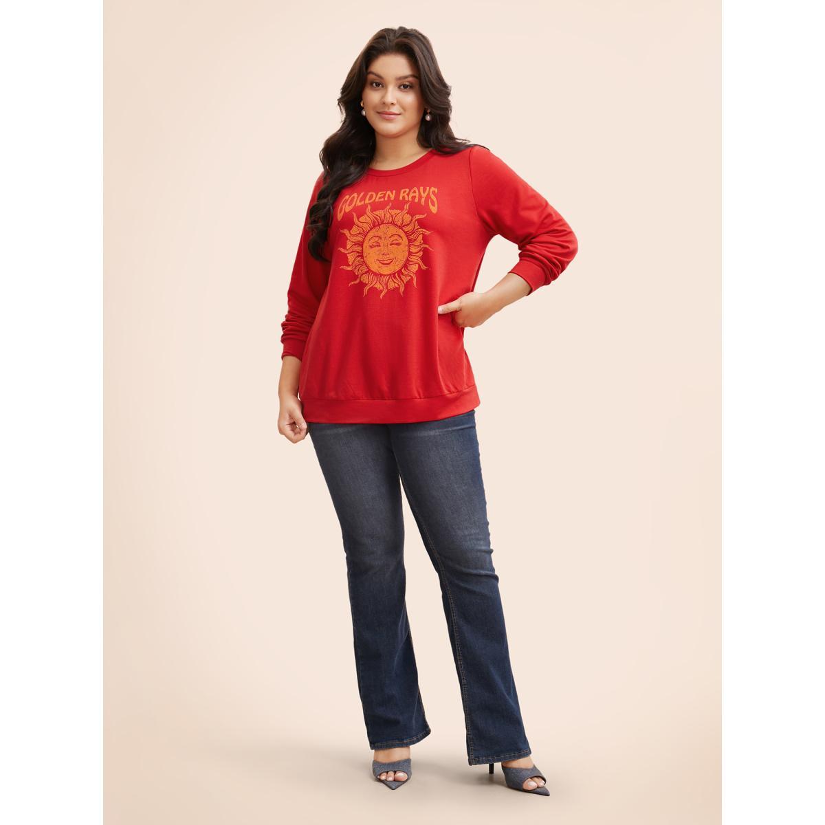 Plus Size Sun Print Round Neck Sweatshirt Women Brightred Elegant Non Round Neck Everyday Sweatshirts BloomChic 28/5X Product Image