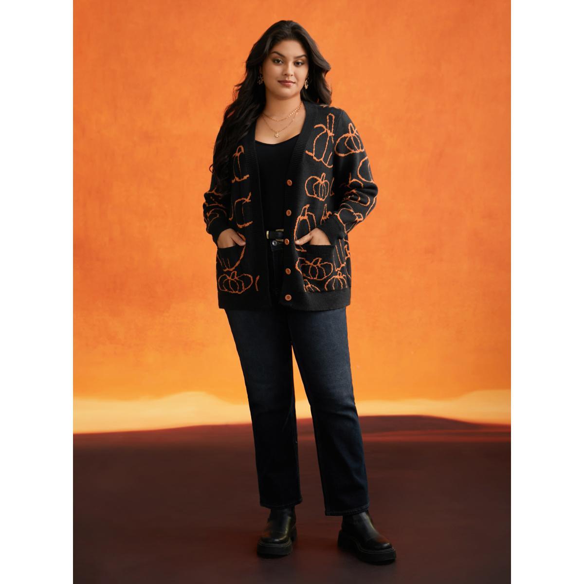 Plus Size Supersoft Essentials Pumpkin Printed Open Cardigan Black Women Casual Loose Long Sleeve Everyday Cardigans BloomChic 26/4X Product Image