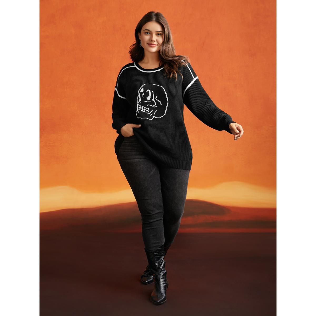 Plus Size Skull Printed Balloon Sleeves Pullover Black Women Casual Loose Long Sleeve Round Neck Everyday Pullovers BloomChic 26/4X Product Image