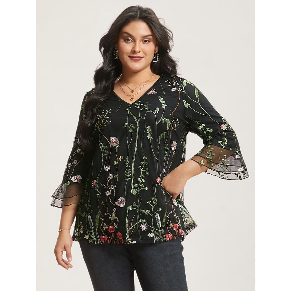 Plus Size Black Embroidered Mesh Lotus Leaf Sleeve Blouse Women Elegant Elbow-length sleeve V-neck Everyday Blouses BloomChic 18-20/2X Product Image