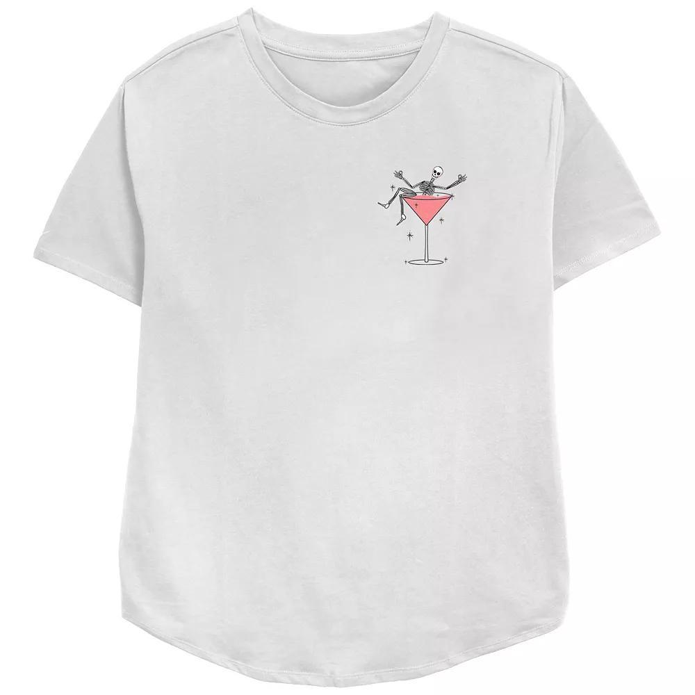 Women's Happy Hour Martini Skeleton Left Chest Relaxed Fit Graphic Tee, Girl's, Size: Small, White Product Image