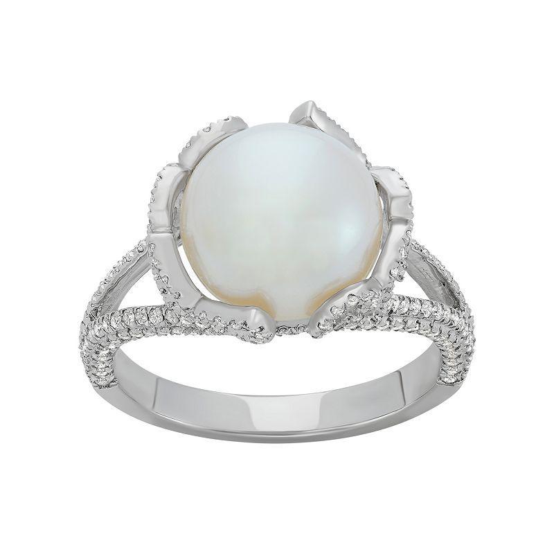Freshwater Cultured Pearl and Cubic Zirconia Sterling Silver Flower Ring, Women's, Size: 8, White Product Image