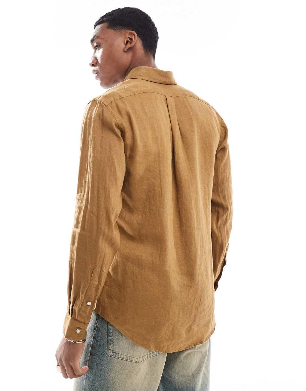 Polo Ralph Lauren icon logo linen look shirt custom fit in tan Product Image