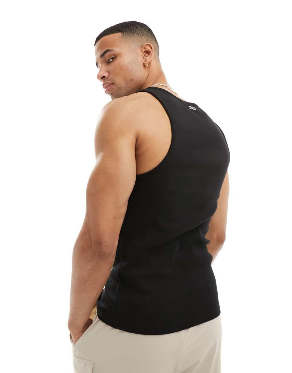 4505 Icon ribbed cotton training racer neck tank top in black  Product Image