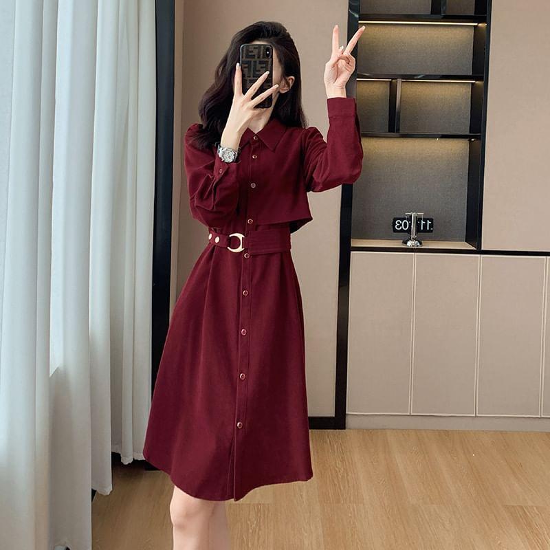 Long-Sleeve Plain Midi A-Line Shirt Dress Product Image