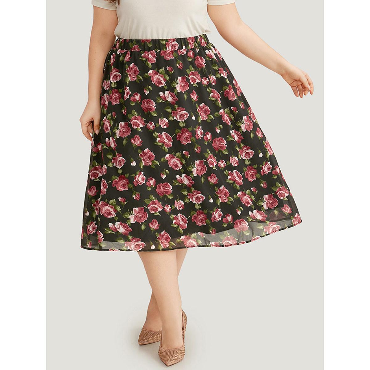 Plus Size Floral Print Mesh Elastic Waist Skirt Women Black Elegant Lined No stretch Dailywear Skirts BloomChic 22-24/3X Product Image