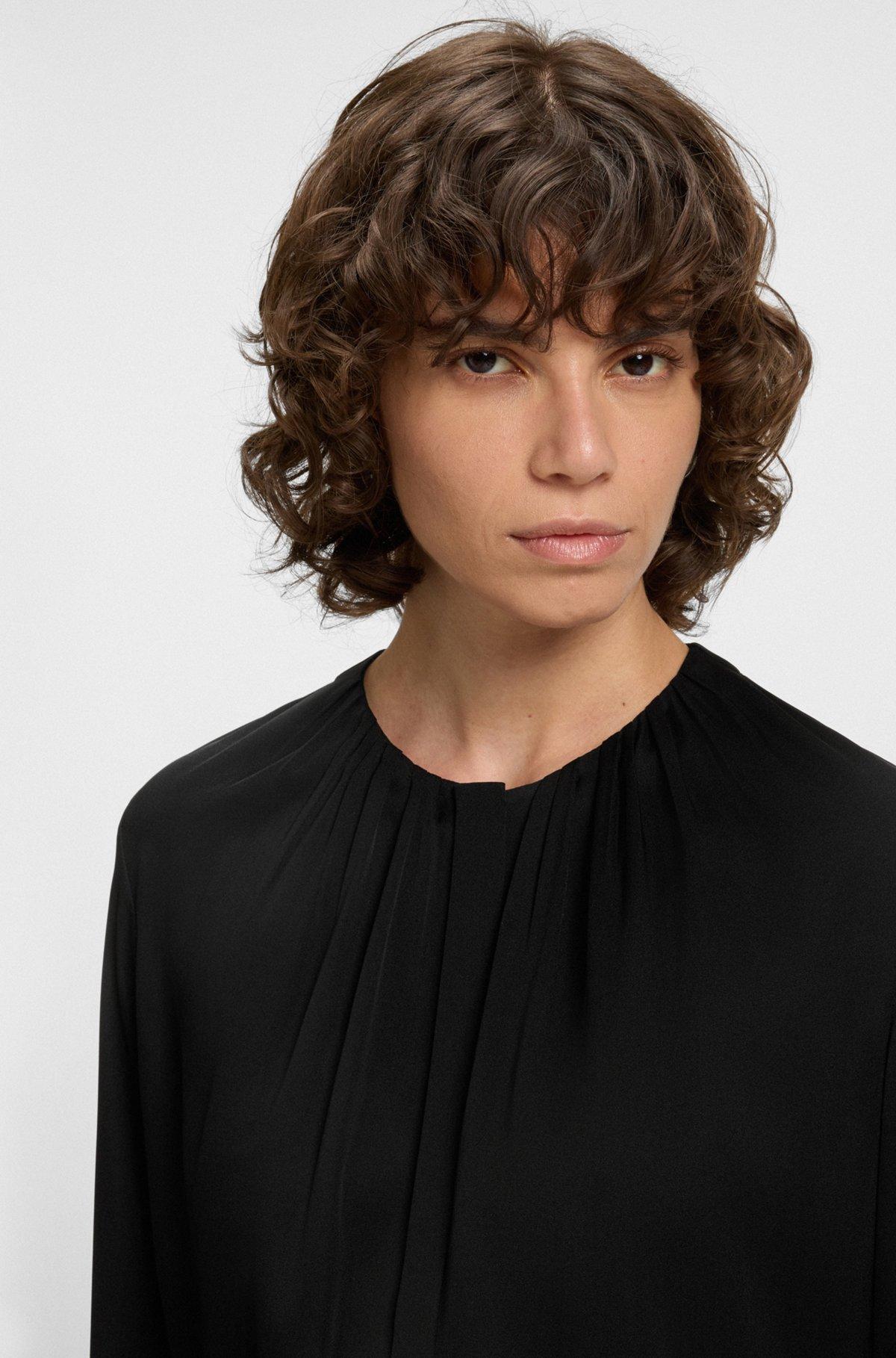 BOSS - Ruched-neck blouse in stretch-silk crepe de Chine - Black Product Image