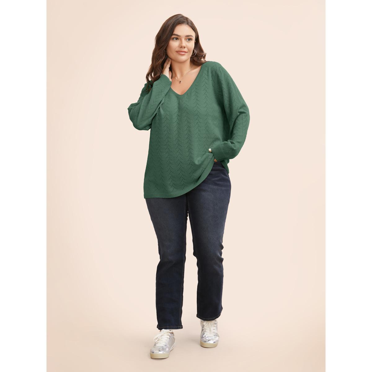 Plus Size Texture V Neck Lightweight Pullover Emerald Women Casual Long Sleeve V-neck Everyday Pullovers BloomChic 28/5X Product Image