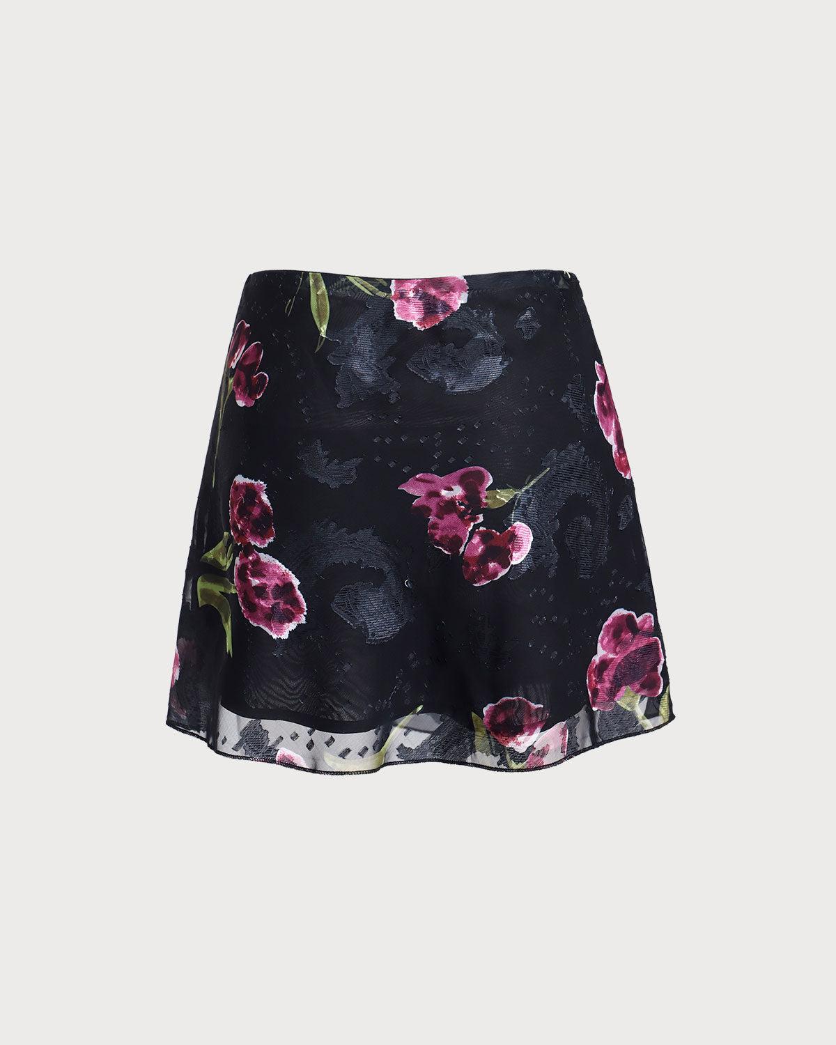 Black Floral High Waisted Mini Skirt Product Image