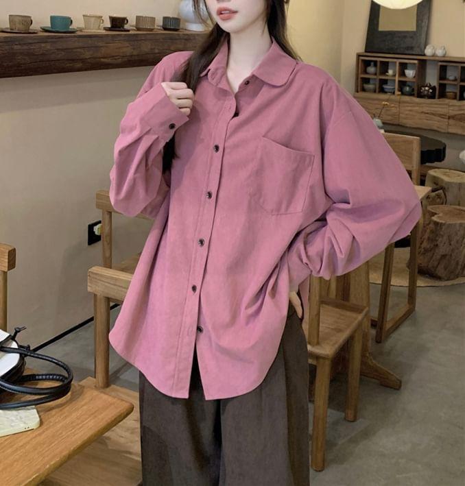 Long-Sleeve Plain Pocket Detail Corduroy Shirt Product Image