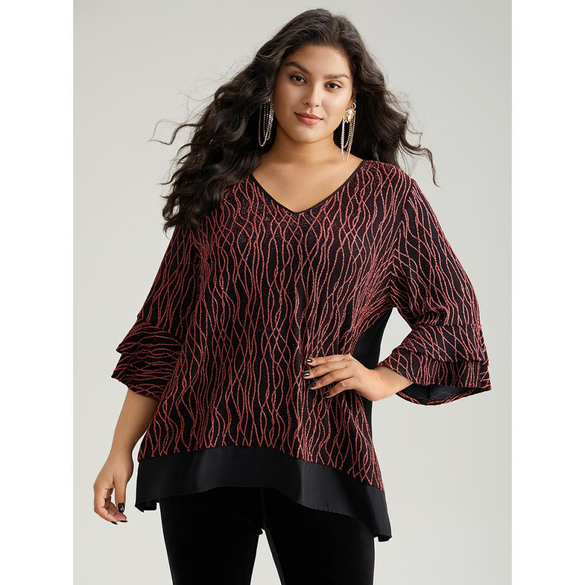 Plus Size Scarlet Lurex Layered Ruffle Sleeve Patchwork Blouse Women Glamour Elbow-length sleeve V-neck Festival-Christmas Blouses BloomChic 18-20/2X Product Image