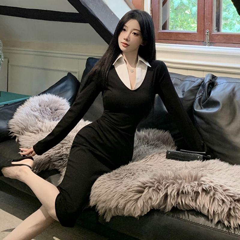 Long Sleeve Collared Mock Two Piece Bodycon Midi Dress Product Image