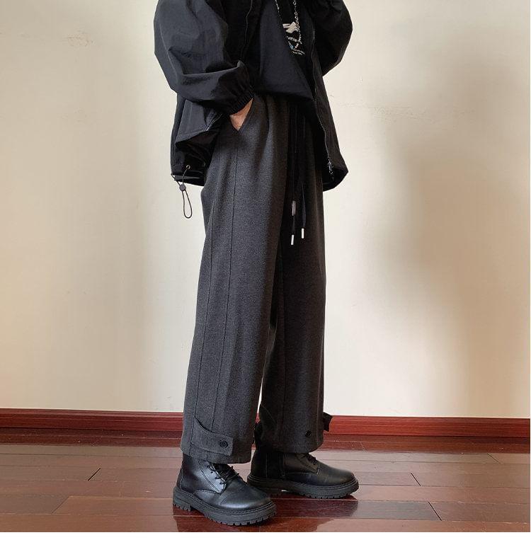 Drawstring Waist Plain Panel Cropped Straight Leg Pants Product Image