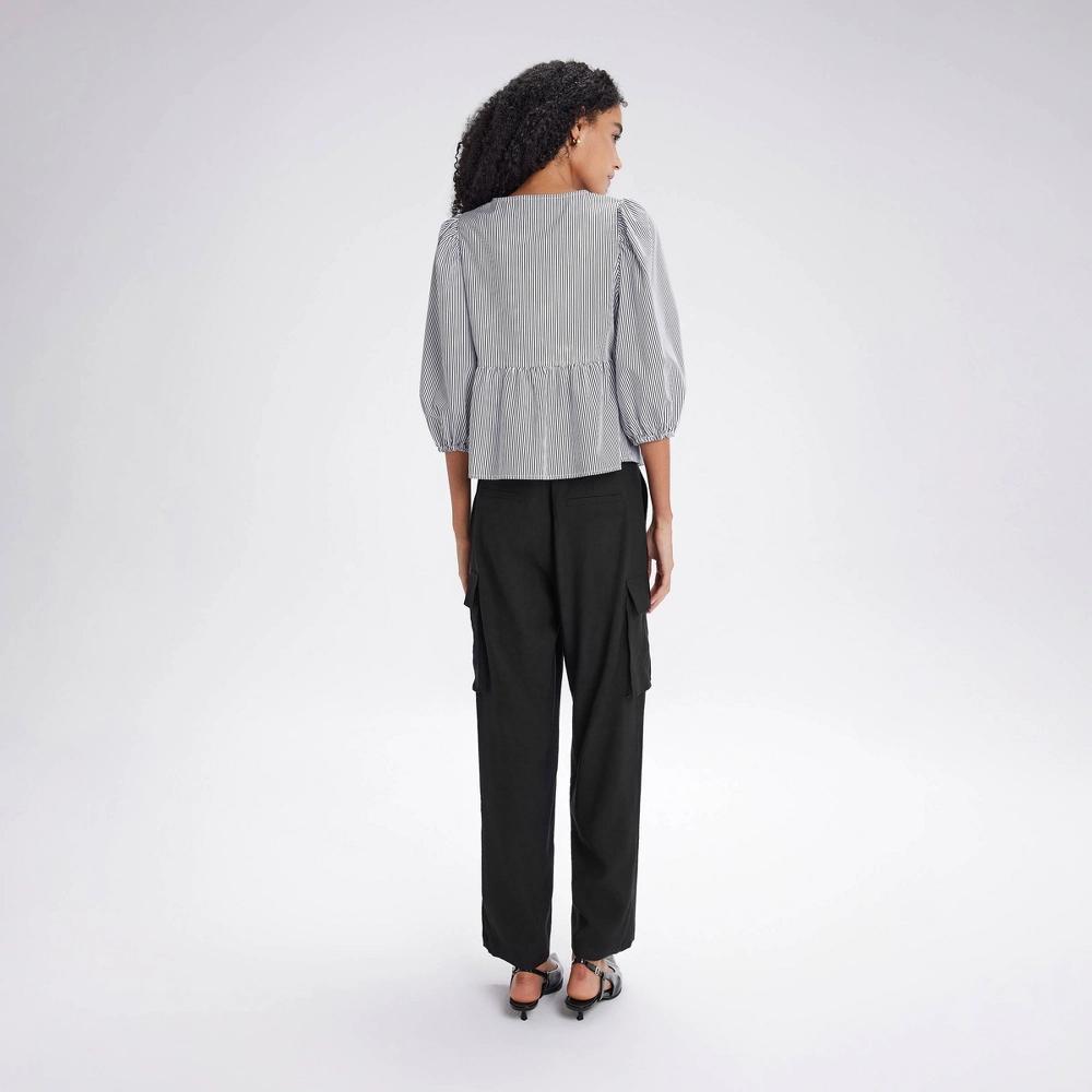Women's Balloon 3/4 Sleeve Tie-Front Blouse - A New Day™ Black Striped XL Product Image