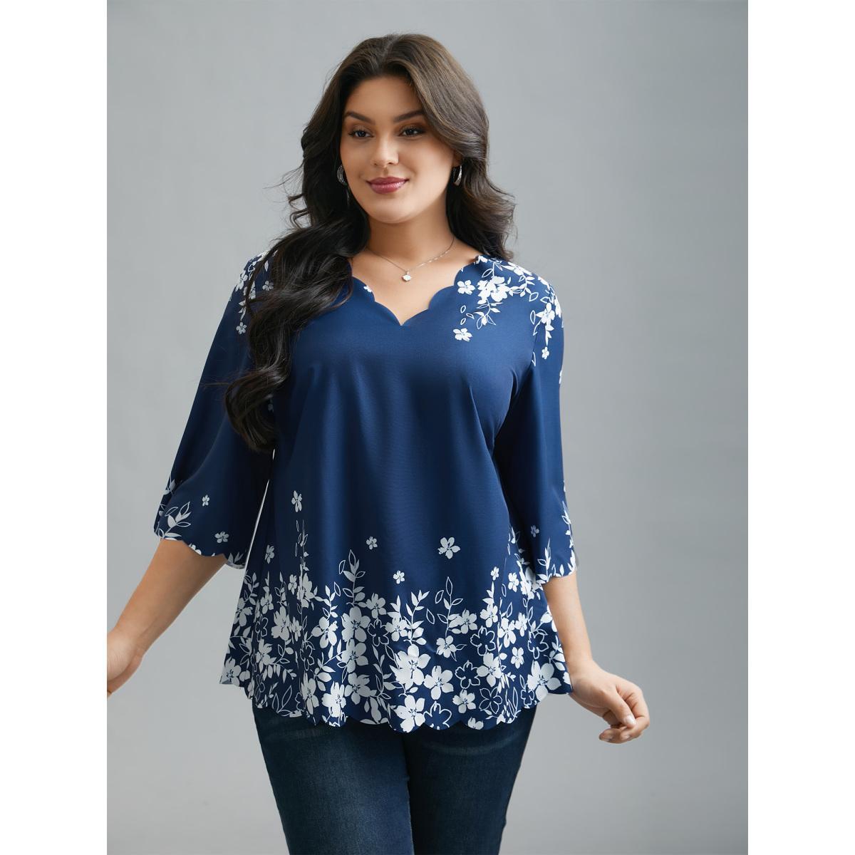 Plus Size Indigo Laser Cut Floral Boho Print Blouse Women Elegant Elbow-length sleeve V-neck Everyday Blouses BloomChic 18-20/2X Product Image
