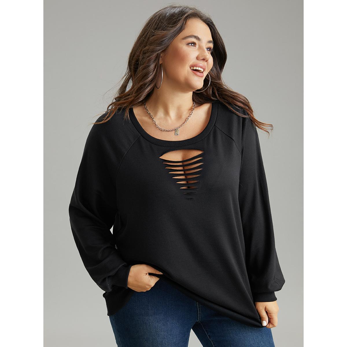 Plus Size Solid Rib Knit Cut Out Raglan Sleeve Sweatshirt Women Black Casual Rib Knit Keyhole Cut-Out Everyday Sweatshirts BloomChic 18-20/2X Product Image