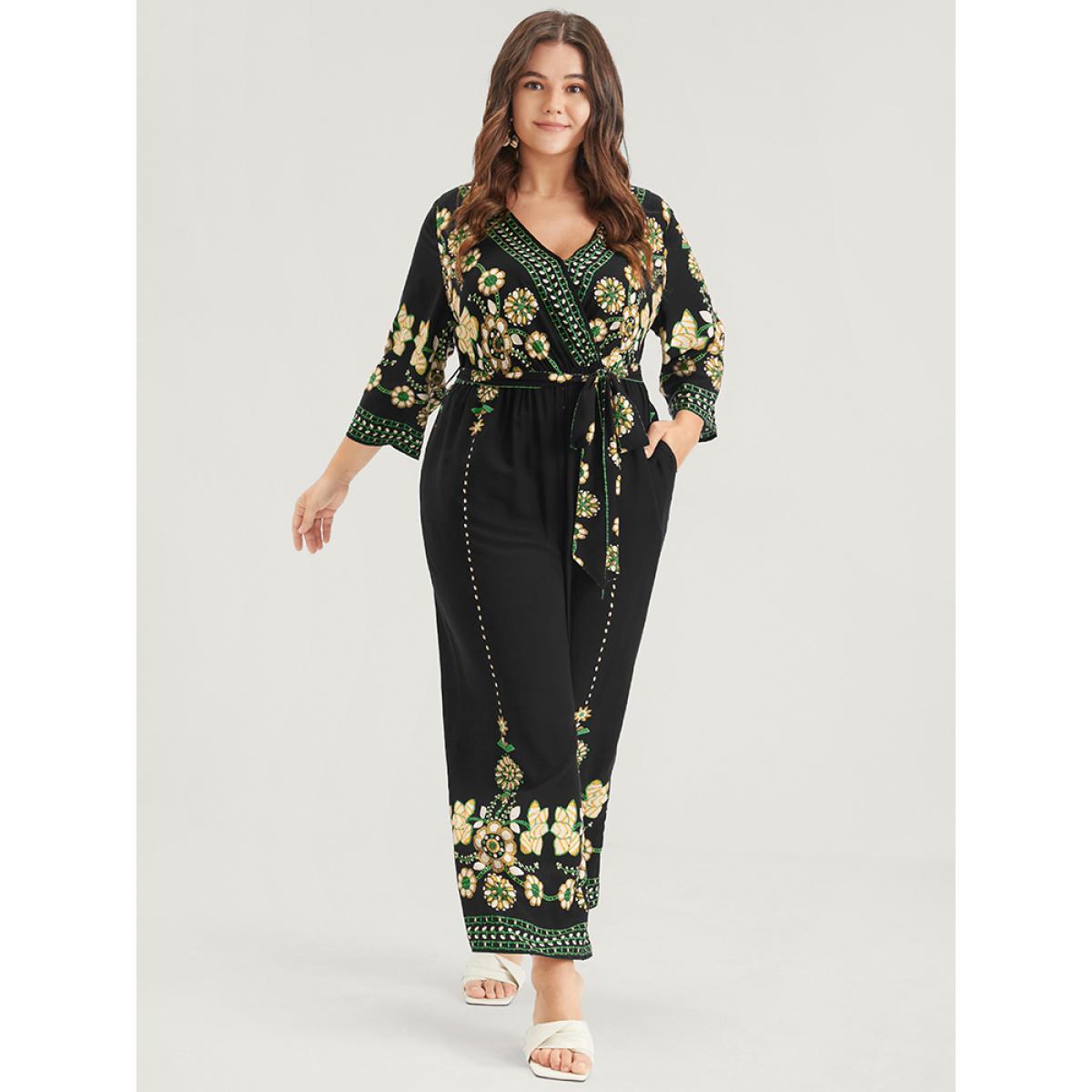 Plus Size Black Random Floral Print Elastic Waist Pocket Belted Wrap Jumpsuit Women Vacation Elbow-length sleeve V-neck Dailywear Loose Jumpsuits BloomChic 30/6X Product Image